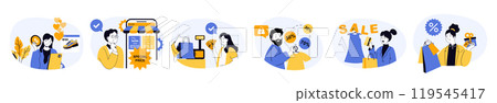 Shopping concept set with characters in flat design for web. People choosing new products at internet stores, making purchases in app with special prices, buying with discounts. Vector illustrations. Shopping concept set with characters in flat design for web. People choosing new products at internet stores, making purchases in app with special prices, buying with discounts. Vector illustrations. 119545417