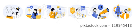 Science laboratory concept set with characters in flat design for web. People researching molecular structures, doing chemical tests at lab, studying astronomy in observatory. Vector illustrations. Science laboratory concept set with characters in flat design for web. People researching molecular structures, doing chemical tests at lab, studying astronomy in observatory. Vector illustrations. 119545418
