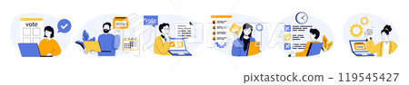 Online voting concept set with characters in flat design for web. People thinking and making political decisions, analyzing candidate ratings, filling election list with ticks. Vector illustrations. 119545427