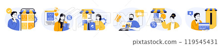 Mobile commerce concept set with characters in flat design for web. People making online order in internet store, doing purchases with discount prices and safe paying in app. Vector illustrations. Mobile commerce concept set with characters in flat design for web. People making online order in internet store, doing purchases with discount prices and safe paying in app. Vector illustrations. 119545431