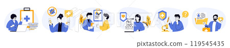 Medical concept set with characters in flat design for web. People makes diagnosis, prescribes treatments and and prevention procedures, visiting ophthalmologist in clinic. Vector illustrations. 119545435