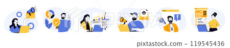 Marketing and development concept set with characters in flat design for web. People with megaphone making data analysis, creating promotion with content plan and advertising. Vector illustrations. 119545436