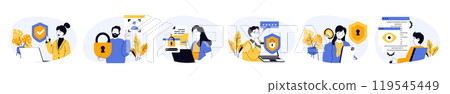 Cyber security concept set with characters in flat design for web. People using protection software with encryption, get access with password and biometric scans to accounts. Vector illustrations. 119545449