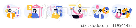 Business and finance concept set with characters in flat design for web. People calculating financial income, analyzing statistic company graphs, getting success investments. Vector illustrations. 119545453