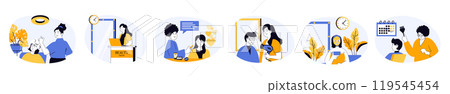 Beauty salon concept set with characters in flat design for web. People making haircut and hairstyle, colouring hair, applying facial skincare mask, beautician applying cream. Vector illustrations. 119545454