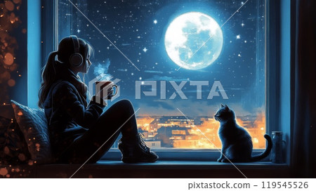 A girl and a cat relaxing while watching the full moon 119545526