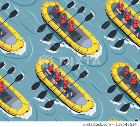 Vector seamless pattern with people doing rafting on river top view. Texture with active sport leisure in flat style. Extreme water sport hobby 119545634