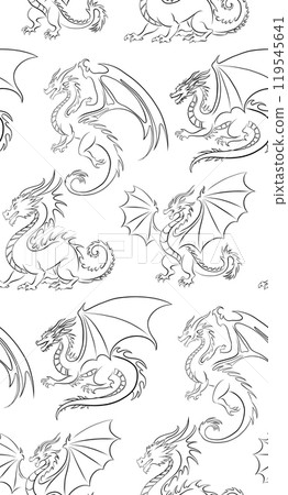 Vector seamless pattern with contour dragons. Texture of black outline dragon with wings on white background. Background with mythological monsters Vector seamless pattern with contour dragons. Texture of black outline dragon with wings on white background. Background with mythological monsters 119545641