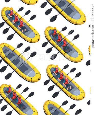 Vector seamless pattern with rafting top view white background. Texture with active sport leisure on inflatable boats in flat style. Vector seamless pattern with rafting top view white background. Texture with active sport leisure on inflatable boats in flat style. 119545642