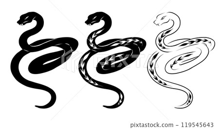 Vector monochrome tangled snake set. Collection of black outline and silhouette snakes with plant decoration isolated from background. Vector monochrome tangled snake set. Collection of black outline and silhouette snakes with plant decoration isolated from background. 119545643
