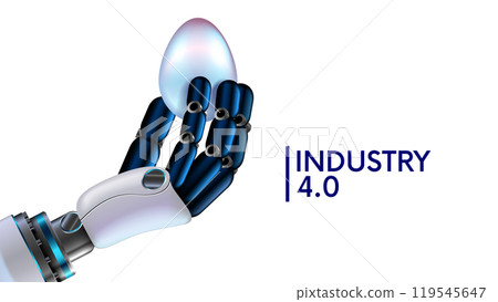 Robot hand holds an egg in close-up. Hand of anthropomorphic robot with artificial intelligence or AI carefully holds egg with its fingers. AI robotics in humanoid robot. AI in robotics technology. 119545647