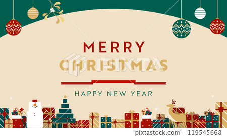 Green Christmas background template decorated with snowmen, ornaments and gift boxes Green Christmas background template decorated with snowmen, ornaments and gift boxes 119545668
