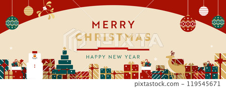 Red Christmas banner background template decorated with snowmen, ornaments and gift boxes Red Christmas banner background template decorated with snowmen, ornaments and gift boxes 119545671
