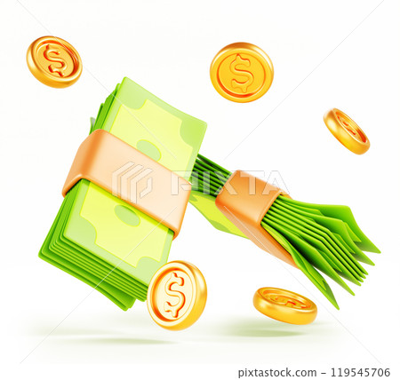 3d money cash icon, paper bills pack with flying gold coin. Green dollar stack, currency banknotes bundle, isolated design element. Business and finance concept. Cartoon render banner. 3D illustration 3d money cash icon, paper bills pack with flying gold coin. Green dollar stack, currency banknotes bundle, isolated design element. Business and finance concept. Cartoon render banner. 3D illustration 119545706