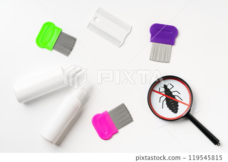 Tools for inspecting and treating lice infestations at home with a magnifying glass and a comb Tools for inspecting and treating lice infestations at home with a magnifying glass and a comb 119545815