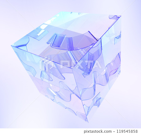 3d crystal glass transparent cube with clear ribbon wave line inside render. Chromatic rainbow geometric block, glossy square box with holographic gradient texture, dispersion light. 3D illustration 119545858