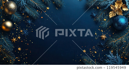 Holiday Banner with Blue Baubles, Gold Stars, and Pine Branches on Dark Background 119545949