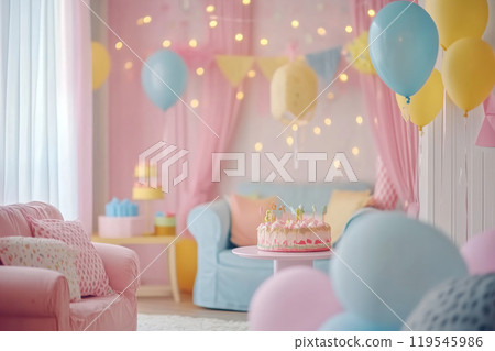 A colorful party setting with a cake and balloons in a cozy pink and blue room for a child's 119545986
