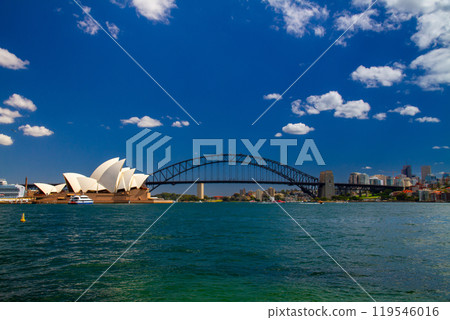 The World Heritage-listed Opera House and Harbour Bridge, symbols of Sydney, New South Wales, Australia 119546016