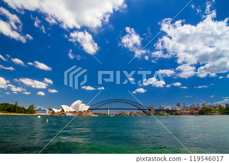 The World Heritage-listed Opera House and Harbour Bridge, symbols of Sydney, New South Wales, Australia 119546017