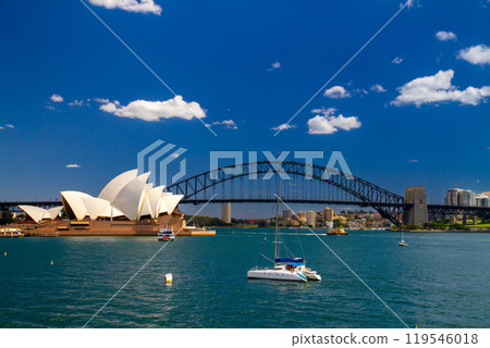 The World Heritage-listed Opera House and Harbour Bridge, symbols of Sydney, New South Wales, Australia 119546018