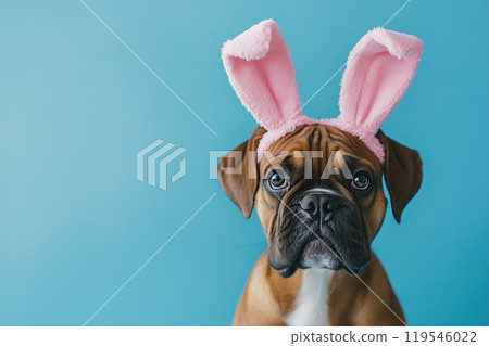 A playful dog wearing pink bunny ears in front of a vibrant blue background during a cheerful spring 119546022