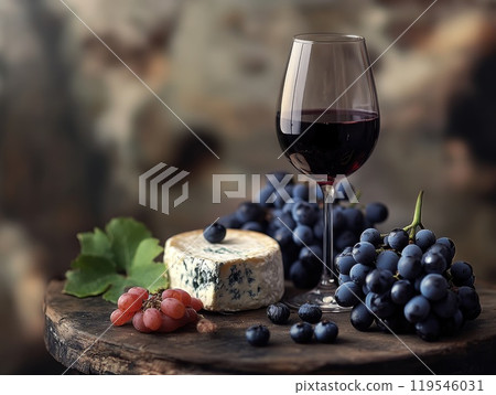 Elegant wine and cheese arrangement with grapes in rustic setting 119546031