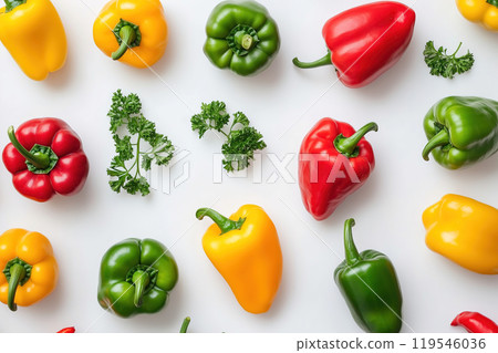 Colorful assortment of bell peppers and parsley arranged on a white background for a vibrant 119546036