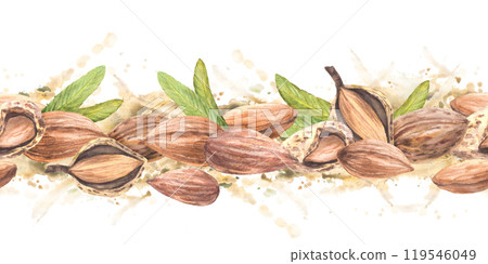 Almond nuts seamless border. Peeled and in the nutshell stone fruit with leaves on Watercolor splashes background. Hand painted illustration. Product snack label. Clipart isolated from background 119546049