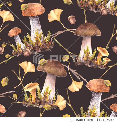 Mushrooms watercolor seamless pattern Boletus brown cap, Porcini, Chanterelle with moos and yellow, green leaves Fall harvest, Autumn fabric, wallpaper hand drawn illustration isolated dark background Mushrooms watercolor seamless pattern Boletus brown cap, Porcini, Chanterelle with moos and yellow, green leaves Fall harvest, Autumn fabric, wallpaper hand drawn illustration isolated dark background 119546052