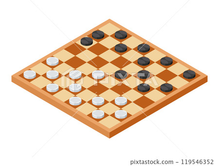 Board game, flat isometric view. Isolated colored icon of checkerboard. Cartoon family table game for adults and kids for leisure and recreation. Vector illustration 119546352