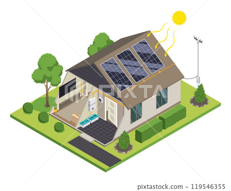 Solar cell home isometric. Renewable energy model equipment, component of grid inverter system. Ecology energy saving concept for free energy. House power energy supply Solar cell home isometric. Renewable energy model equipment, component of grid inverter system. Ecology energy saving concept for free energy. House power energy supply 119546355