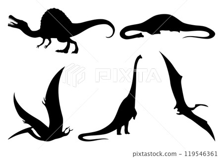 Dinosaurs silhouettes set. Dino monsters icons. Prehistoric reptile monsters. Vector illustration isolated on white. Sketch set Dinosaurs silhouettes set. Dino monsters icons. Prehistoric reptile monsters. Vector illustration isolated on white. Sketch set 119546361
