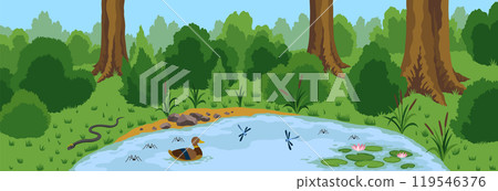 Pond ecosystem. Ecosystem of with different animals in their natural habitat. Pond ecosystem structure for biology lessons. Vector cartoon illustration Pond ecosystem. Ecosystem of with different animals in their natural habitat. Pond ecosystem structure for biology lessons. Vector cartoon illustration 119546376