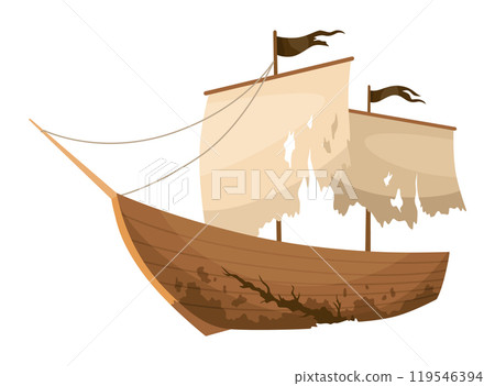 Broken ship icon. Cartoon wooden battered ship with tattered flag and sails after wreck or attack. Destroyed, wreck ship isolated on white background Broken ship icon. Cartoon wooden battered ship with tattered flag and sails after wreck or attack. Destroyed, wreck ship isolated on white background 119546394