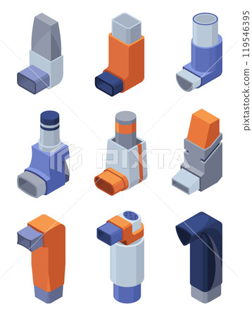 Asthma inhale isometric. Asthma spray realistic icon set. Medical device for treatment respiratory diseases, flu. Inhaler for asthmatic isolated on white background 119546395