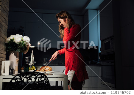 Woman Cook Housewife Preparing Delicious Food In Kitchen 119546702
