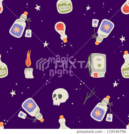 Cute Halloween pattern. Potion, spell book, skull 119546706