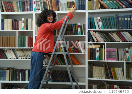 Brunette curly-haired young woman on the ladder at the bookshelves 119546753