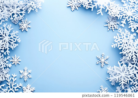 Winter-themed snowflakes create a festive border against a soft blue background in a creative 119546861