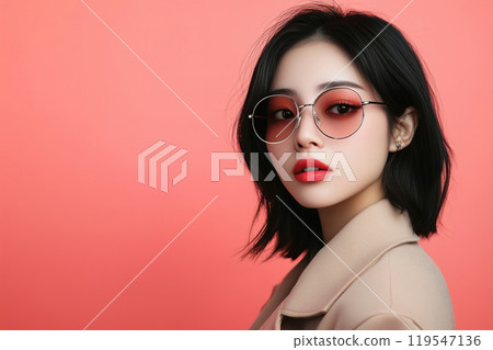 A stylish young woman poses against a coral background wearing round sunglasses, showcasing a modern 119547136