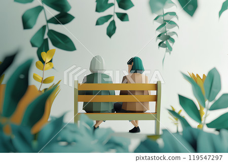 兩位資深婦女在長椅上交談 119547297