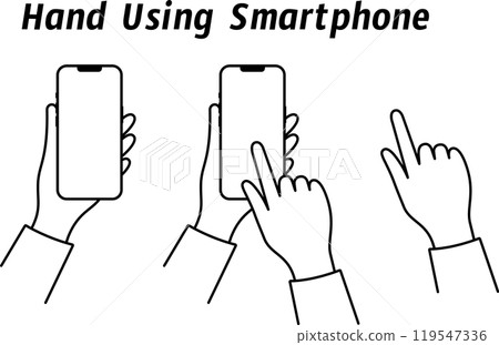 Illustration material of a hand holding a smartphone and pointing at the screen Illustration material of a hand holding a smartphone and pointing at the screen 119547336