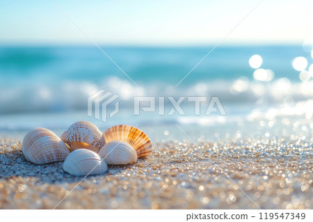 Delicate seashells scattered on the sandy beach with gentle ocean waves rolling in under a bright 119547349
