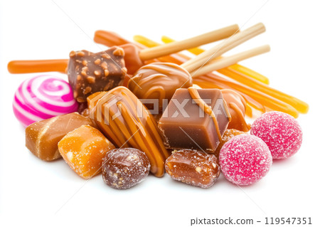 A colorful assortment of candies and sweets arranged neatly on a white background, highlighting 119547351