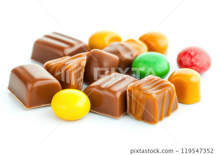 Assorted chocolates and colorful candy displayed on a white background for a delightful treat or 119547352