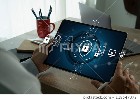 anti virus Firewall Protection safety security working on protecting Warning of a detected malware business 119547372