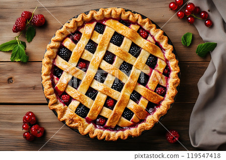 Delicious berry pie with a golden crust on a rustic wooden table, garnished with fresh raspberries 119547418