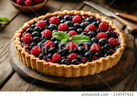 Freshly baked berry tart with a vibrant assortment of raspberries and blueberries served on a rustic Freshly baked berry tart with a vibrant assortment of raspberries and blueberries served on a rustic 119547422