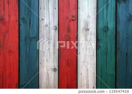 Colorful wooden planks in red, white, blue, and green arranged in a decorative pattern suitable for 119547439